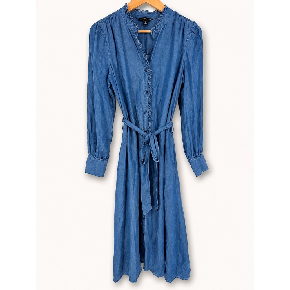 Saks Fifth Avenue Women S Dress Denim‎ Ruffle Belted Button Up Country Cowgirl